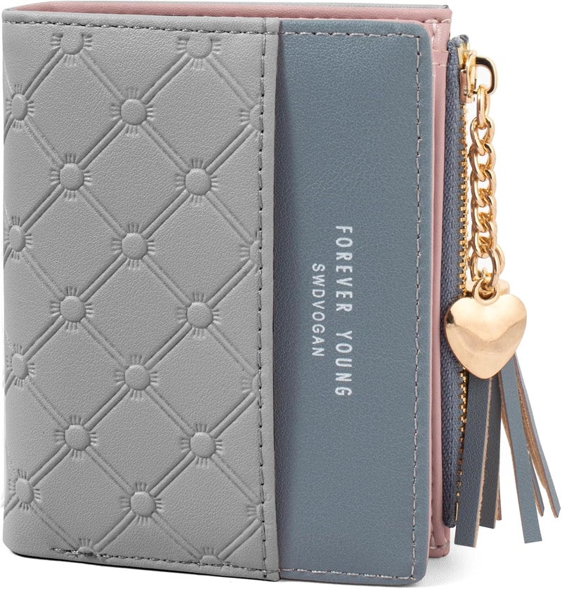 KOTORA Womens Small Wallet Girls Tiny Slim Wallets Pretty Mini Card Holder Thin Short Zip Coin Purse with Love Pendant and Tassels (Z-Gray) - Image 1